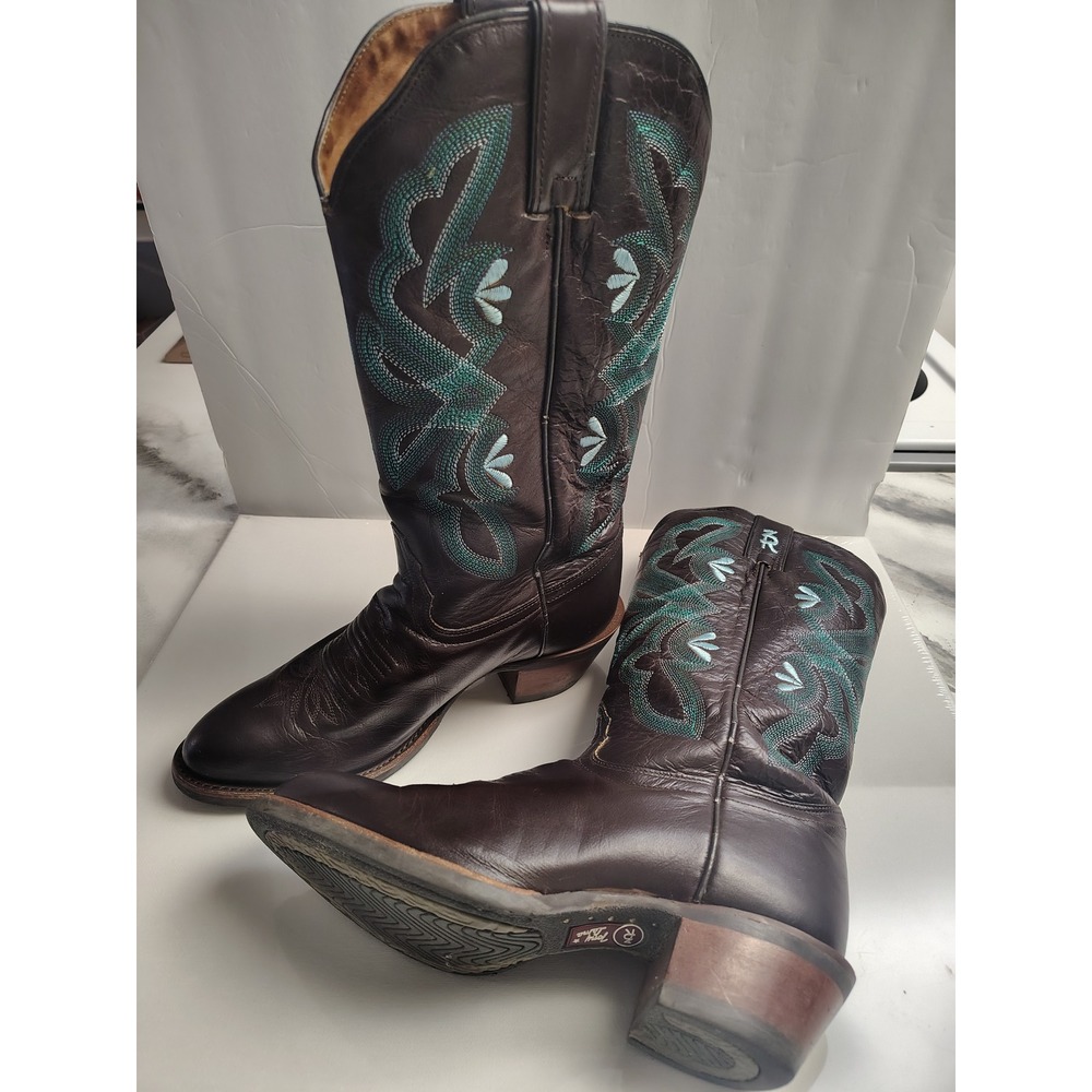 Tony Lama Girls Brown Leather Teal Embroidered Cowgirl Boots R2300 Size 7.5B